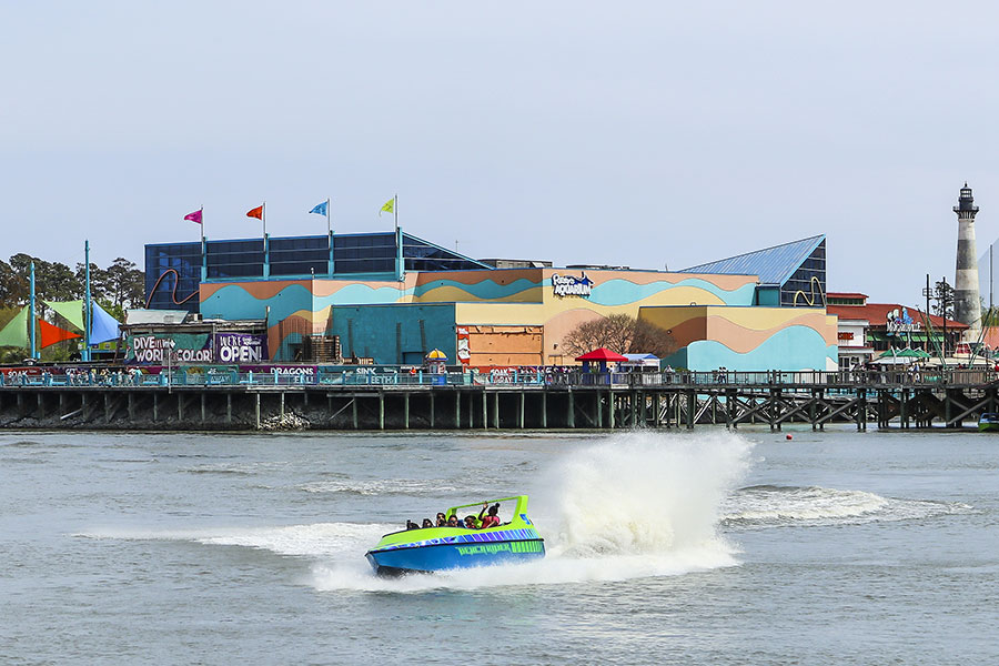 A jet boat ride carries passengers for a thrill ride at Broadway at the Beach entertainment complex